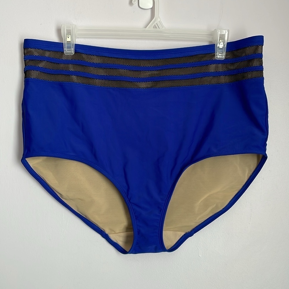 Swim by Cacique High Waisted Royal Blue Black Mesh Stripe bikini bottom size 24
